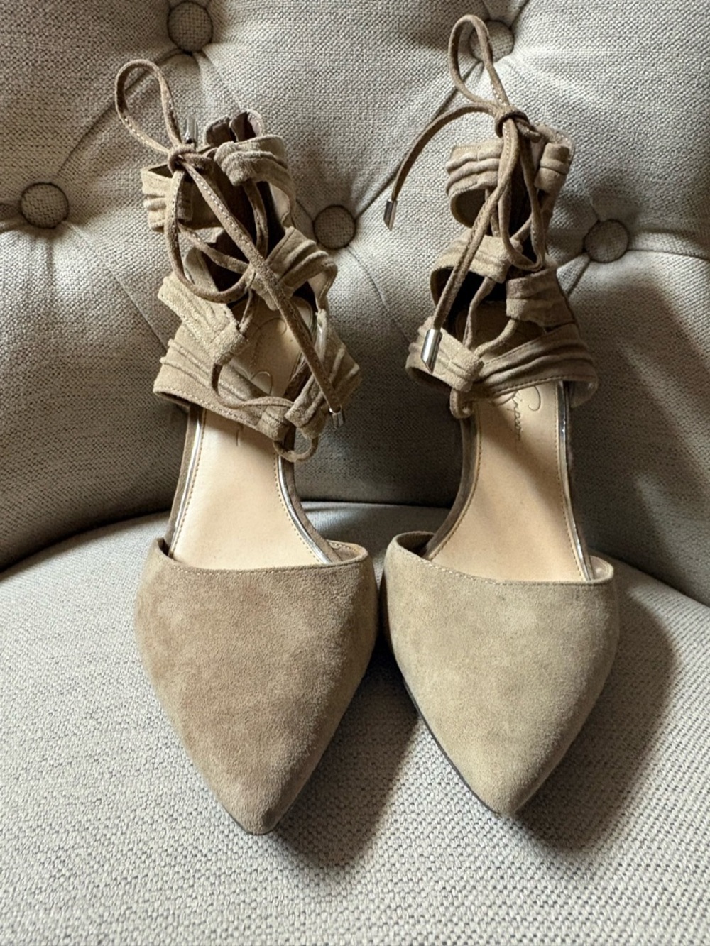 Jessica Simpson Pointed-Toe Suede Lace-Up Heels in Taupe